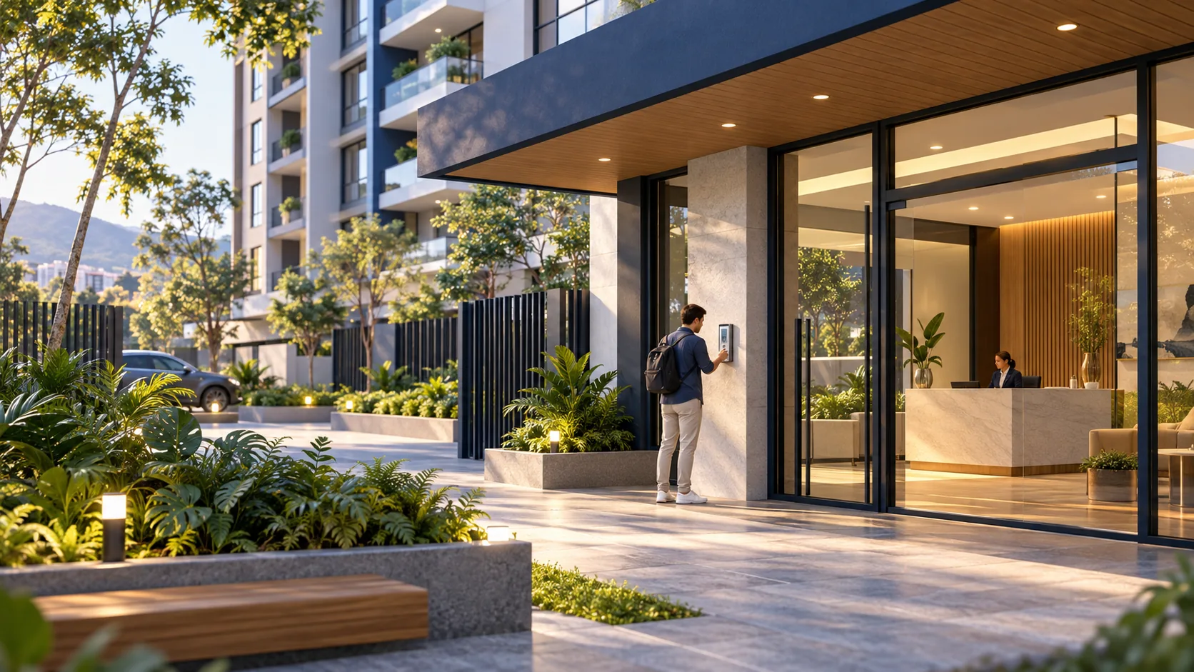 Ilustración conceptual de la entrada de un edificio residencial con visitante y portería; no es una instalación de Equiredes.