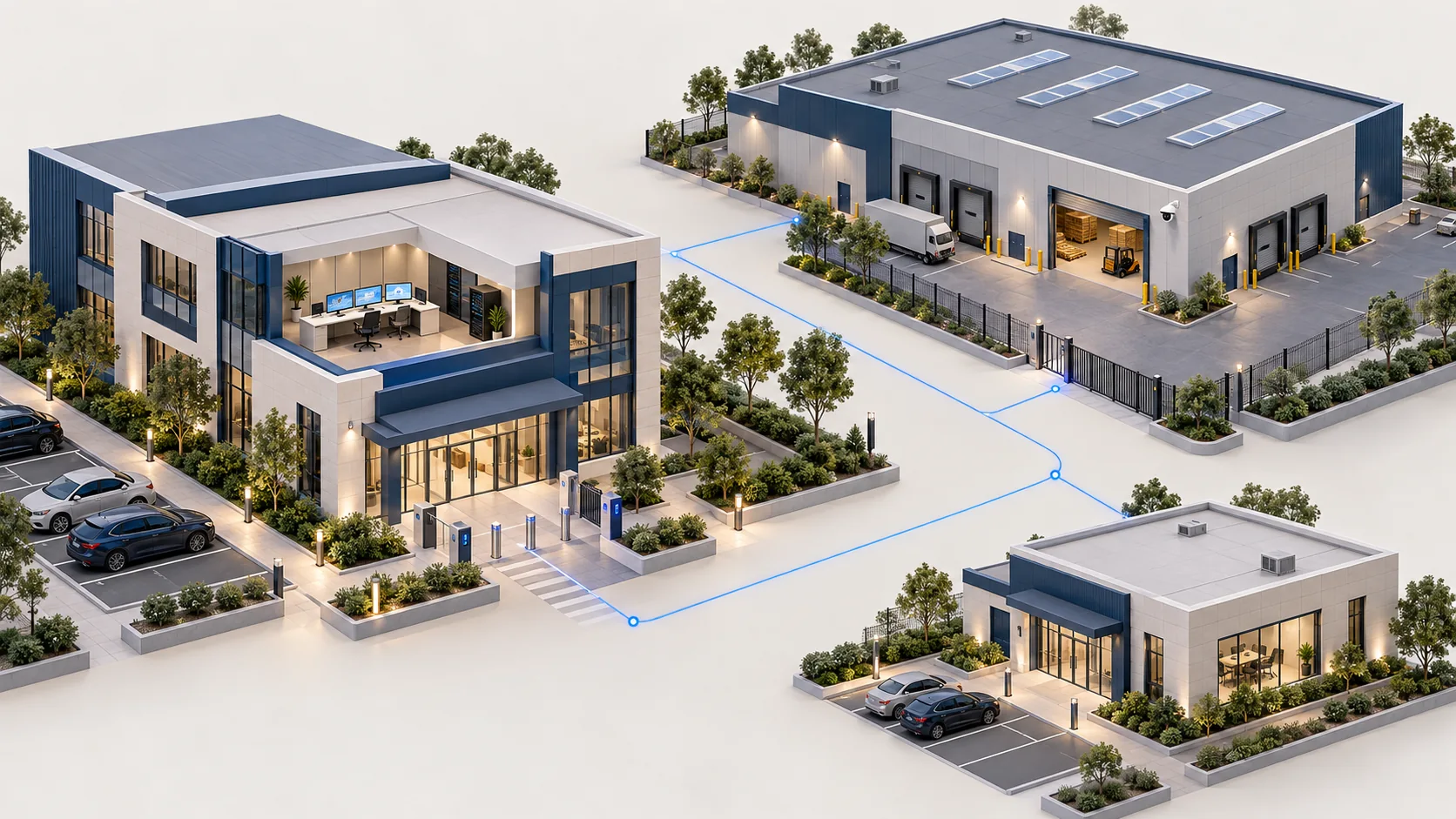 Ilustración conceptual de oficinas, bodega y sede conectadas para planear seguridad integrada; no es una instalación ni interfaz real.