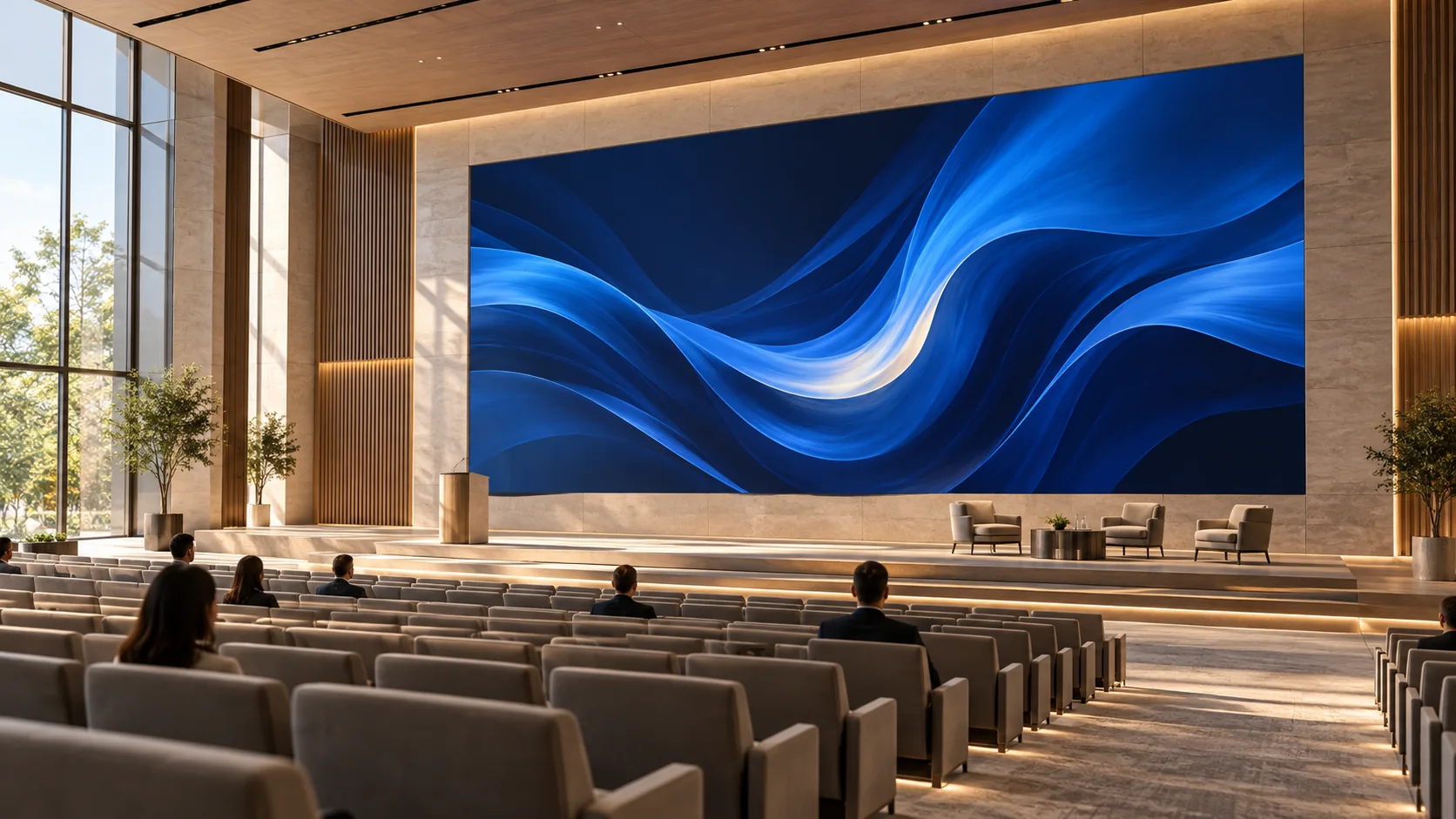 Ilustración conceptual de un auditorio corporativo con pantalla LED de pared; no representa una instalación de Equiredes ni un modelo cotizado.
