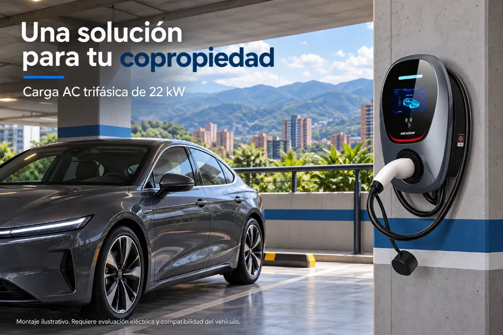 Montaje ilustrativo de cargador Hikvision en un entorno de copropiedad