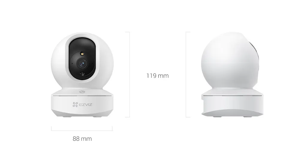 Vistas frontal y posterior con dimensiones oficiales de la cámara EZVIZ TY1 CS-TY1-R105-1L2WF.