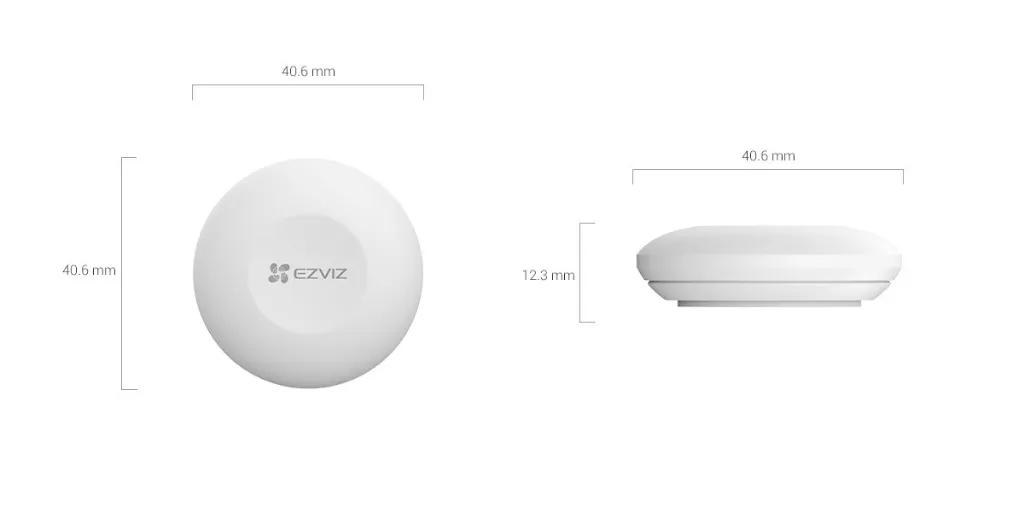 Vistas y dimensiones oficiales del botón EZVIZ T3C CS-T3C-A0-BG.