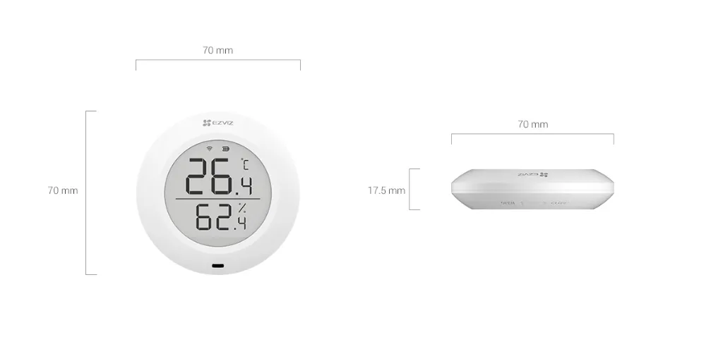 Vistas y dimensiones oficiales del sensor de temperatura y humedad EZVIZ T51C.