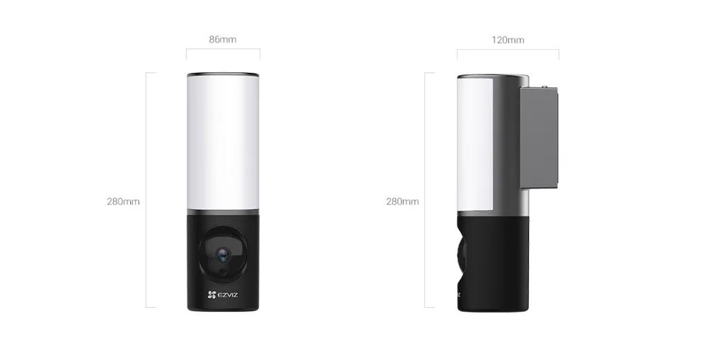 Vistas y dimensiones oficiales de la cámara con lámpara EZVIZ LC3.