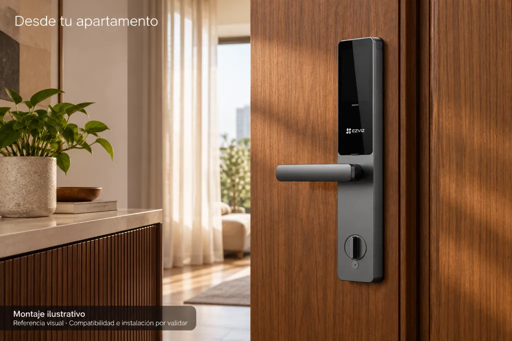 Montaje ilustrativo de la cara interior de una cerradura EZVIZ DL20FVS en puerta de apartamento