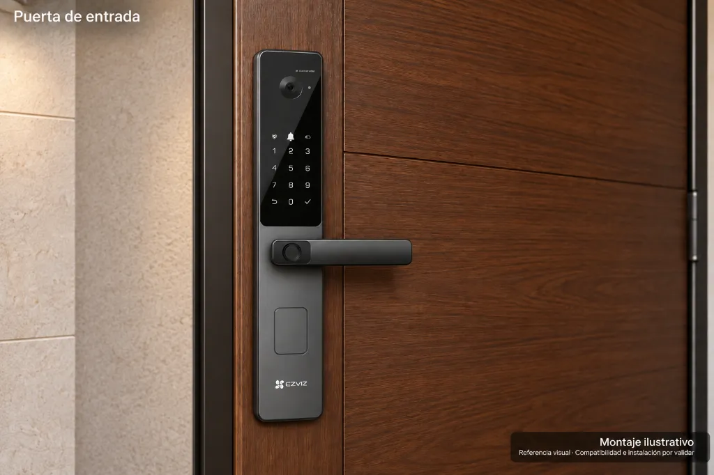 Montaje ilustrativo de cerradura EZVIZ DL20FVS en puerta de entrada de madera