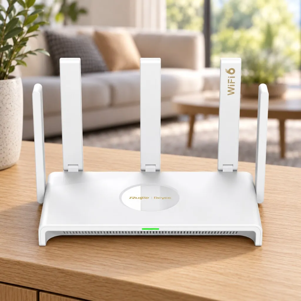 Router Ruijie Reyee RG-EW3000GX en sala contemporánea; ilustración de uso.