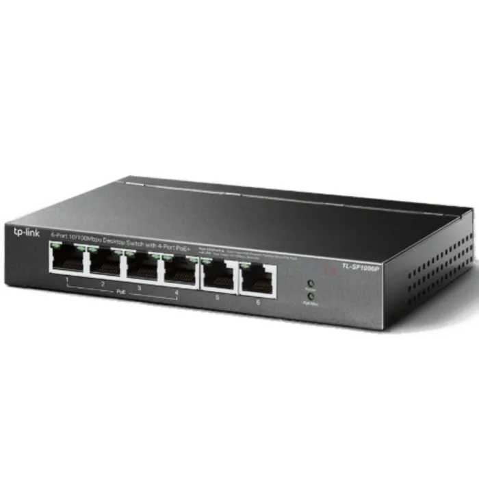 Switch de escritorio de 6 puertos a 10/100 Mbps con 4 puertos PoE+
