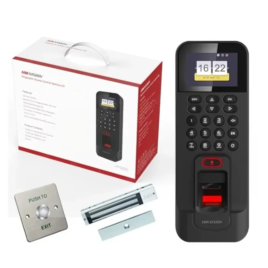 KIT DE CONTROL DE ACCESO TODO INCLUIDO CON LECTOR DE HUELLAS Y TARJETAS/ 3,000 HUELLAS /COMPATIBLE CON APP HIKCONNECT/ELECTROIMÁN BOTON DE SALIDA Y MONTAJES Z Y L PARA IMÁN