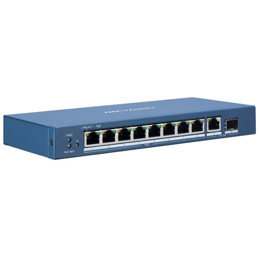 [DS-3E0510P-E/M] Hikvision Switch POE DS-3E0510P-E/M, Gigabit PoE+ / No Administrable / 8 Puertos 10/100/1000 Mbps PoE+ / 1 Puerto 10/100/1000 Mbps de Uplink + 1 Puerto SFP / 110 W
