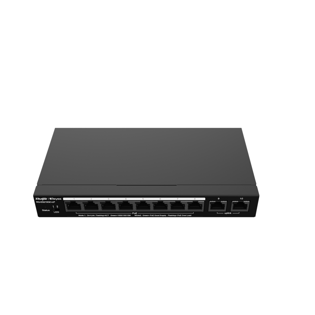 RUIJIE	 	Smart Switch cloud con 10 puertos gigabit, 8 puertos PoE+, dispositivo metalico de escritorio