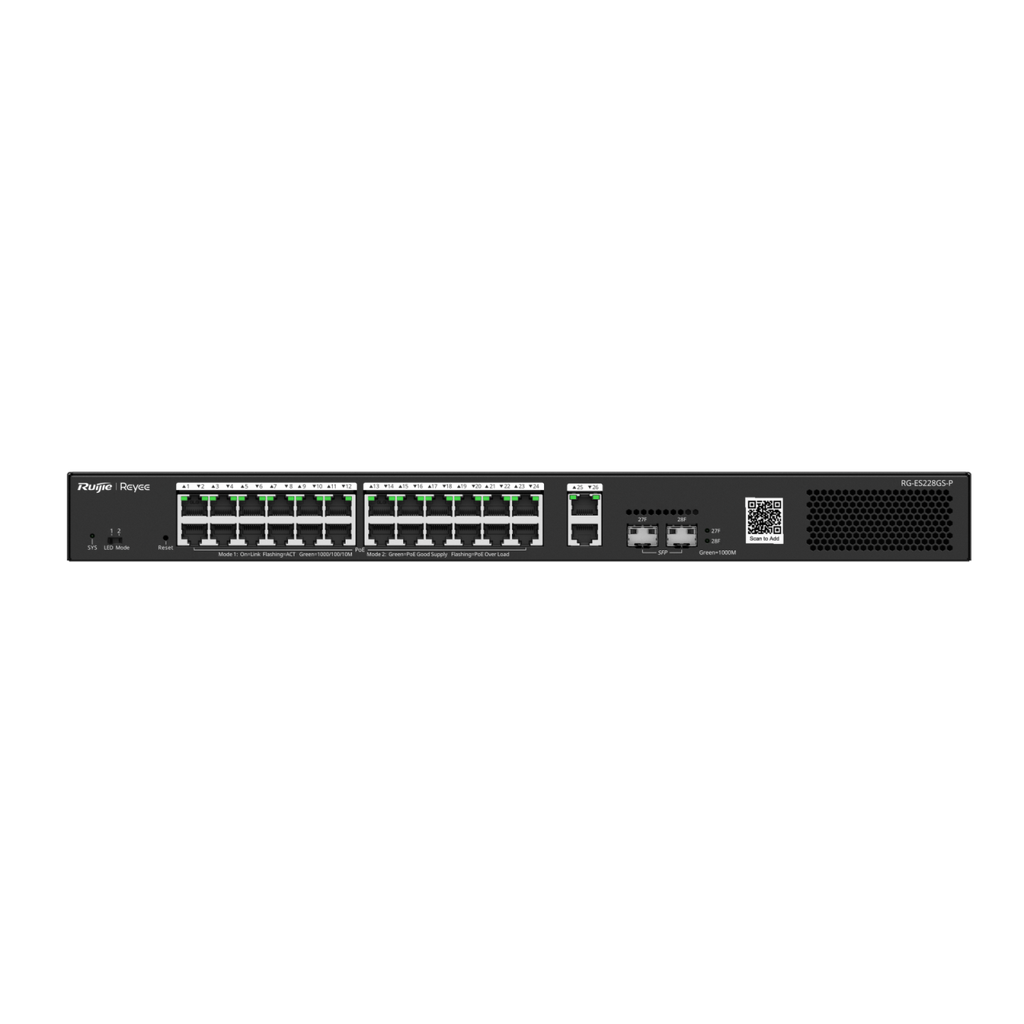 RUIJIE Switch Inteligente PoE Administrable en la Nube de 28 Puertos Gigabit, 24 Puertos PoE+, 2 Puertos RJ45, 2 Puertos SFP, 370W, Reconocimiento de cámaras IP, valor único para la red CCTV