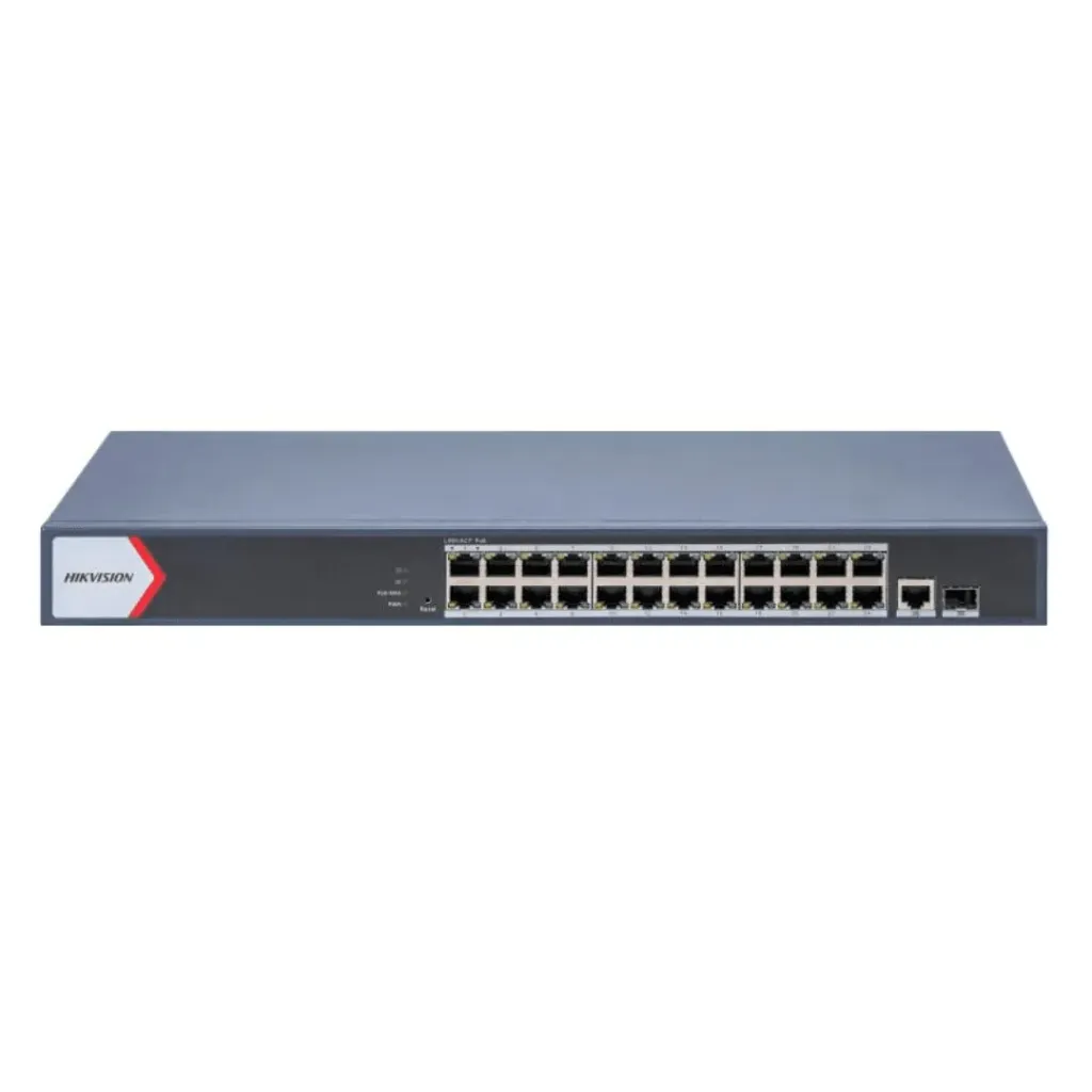 HIKVISION 24 PUERTOS GIGABIT PoE + 2 SFP / PoE 370 W / 56 Gbps / SMART MANAGED / WATCHDOG / 300 M / 6 KV / MONTAJE EN RACK